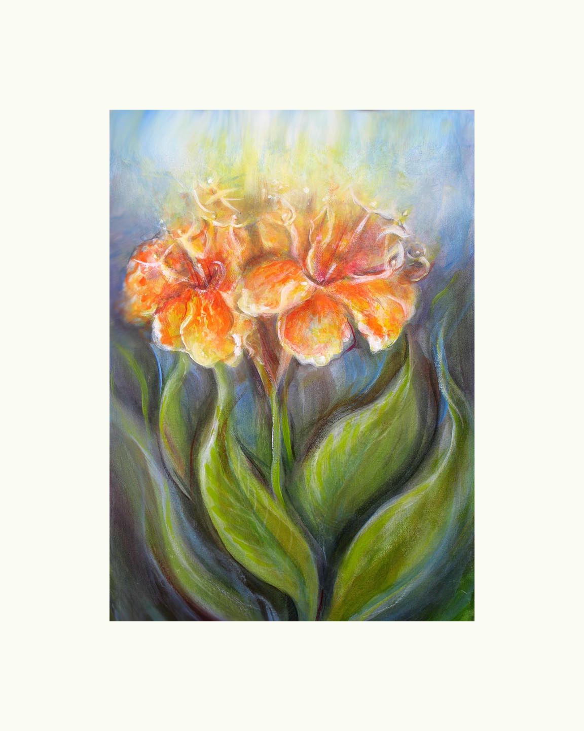 orange, green, lilly, with fairy-like dancers , whimsical, magical
