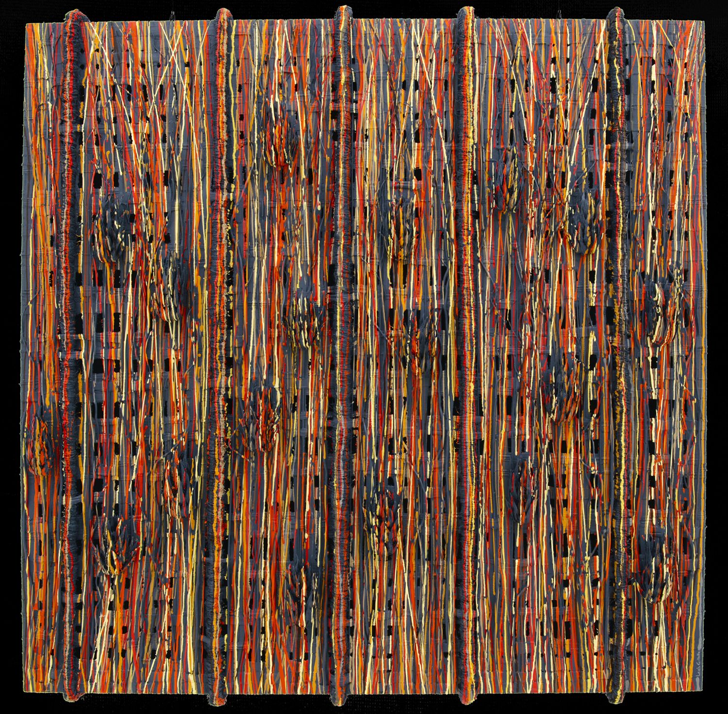 Textile abstract hand-woven with fabric and natural elements including Indian paintbrush, sisal, curly willow, and reeds on frame construction with a painted backing. The canvas is distorted and painted.   