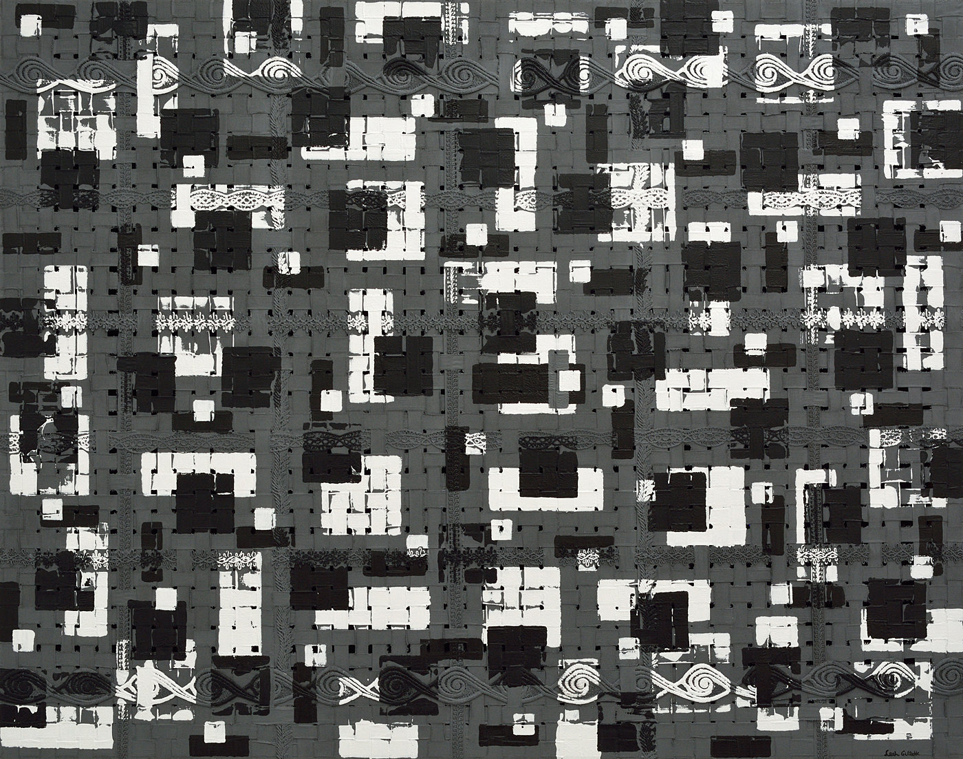 Textile abstract hand-woven with fabric and finished elements on frame construction with a painted backing. The canvas is painted and imprinted.