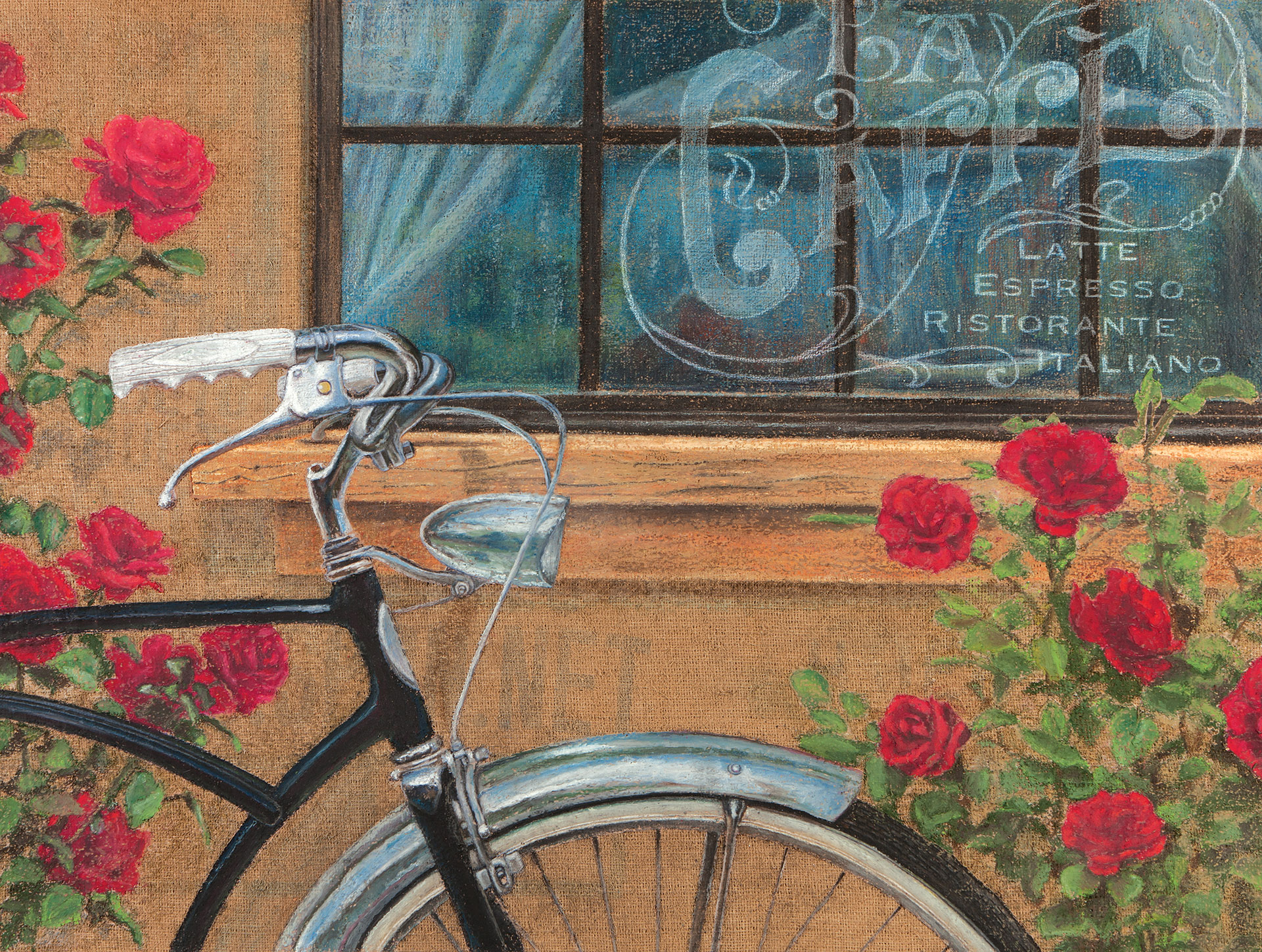 Caffe Italiano Bicycle Original Pastel Coffee Art Print by Megan Morgan red roses cafe espresso italian brick burlap flowers bikes cycles