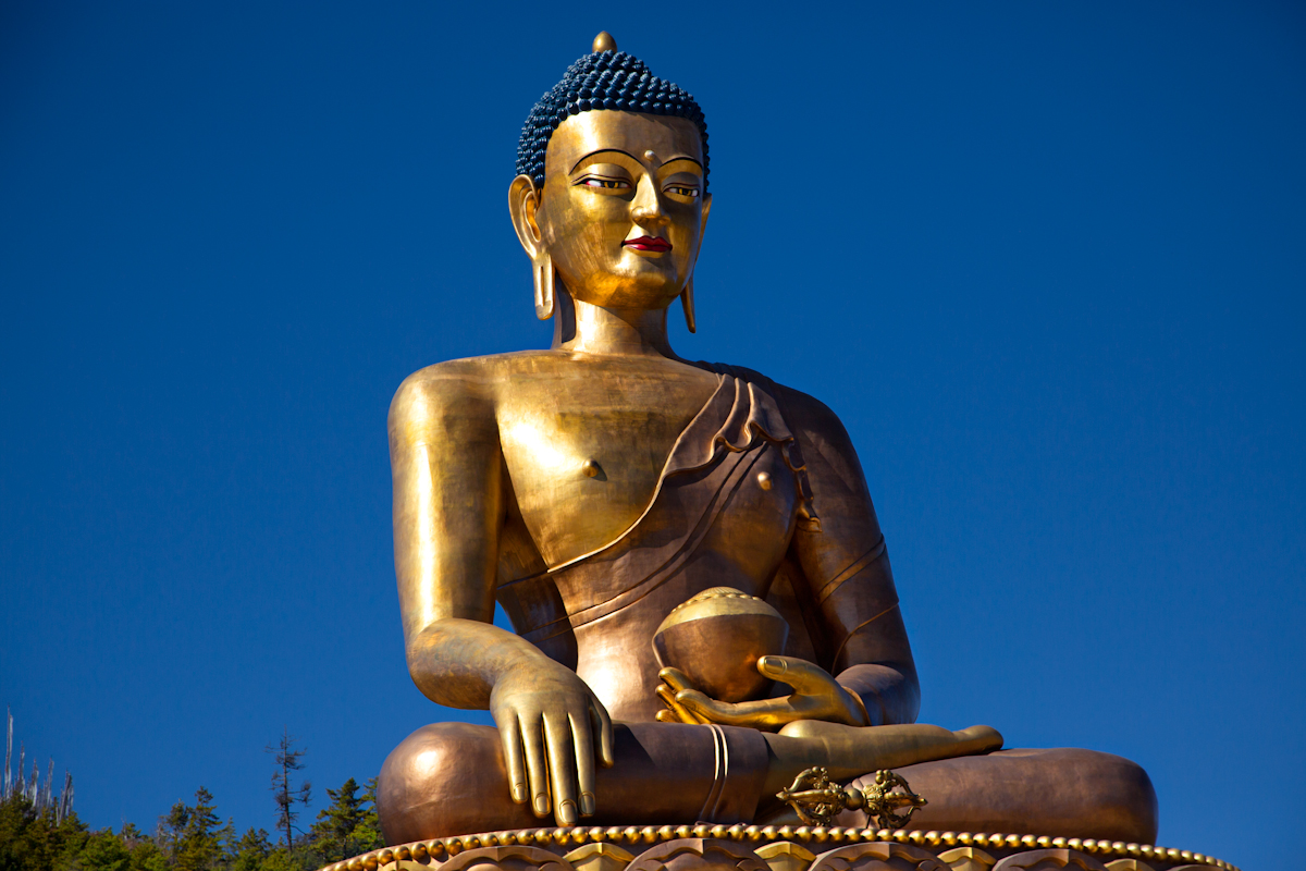 Made of bronze and gilded in gold and the largest sitting Buddha in the world at 169 feet, the Buddha Dordenma Statue sits atop a prayer-flag-festooned hill in Kuenselphodrang Nature Park; Thimphu, Bhutan.