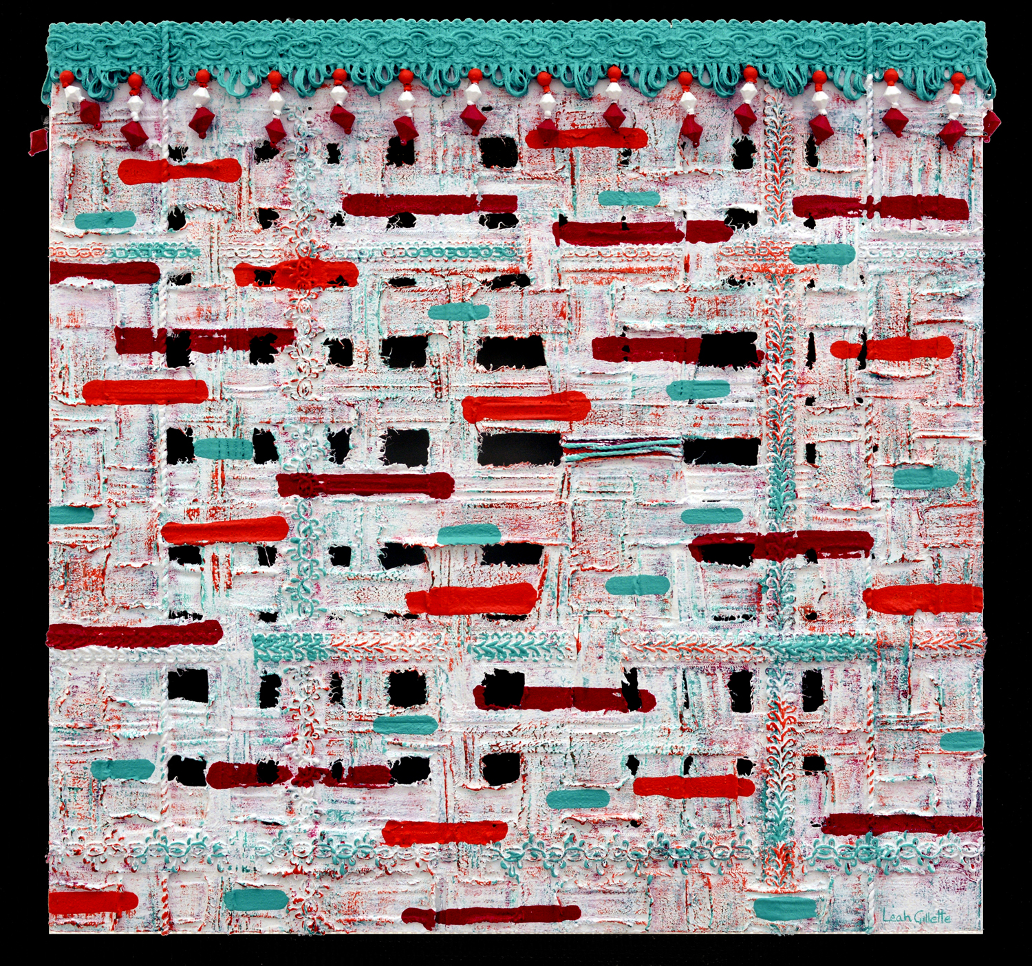 Textile abstract hand-woven with fabric and finished elements on frame construction with a painted backing. The canvas is distorted and painted. 
