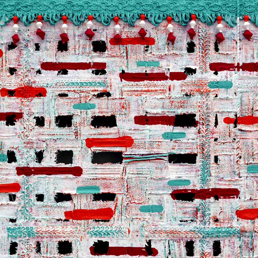 Textile abstract hand-woven with fabric and finished elements on frame construction with a painted backing. The canvas is distorted and painted. 