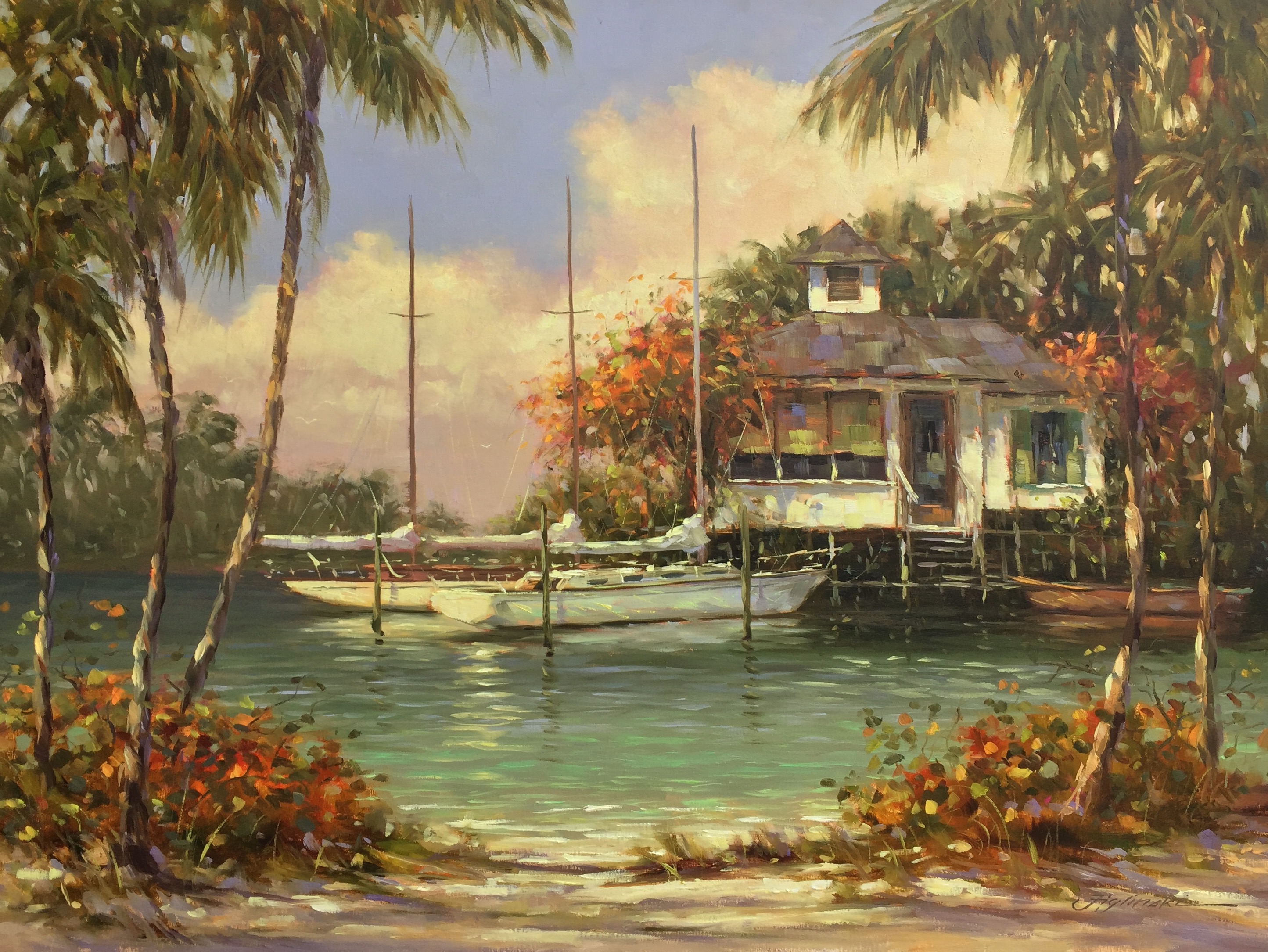 Tropical art, island art, stilt house, beach bungalow, figlinski
