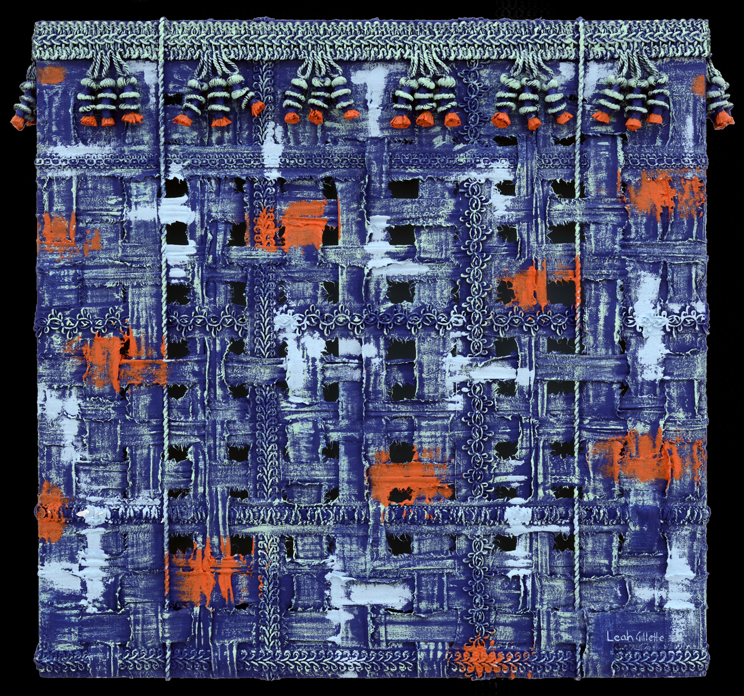 Textile abstract hand-woven with fabric and finished elements on frame construction with a painted backing. The canvas is distorted and painted. 