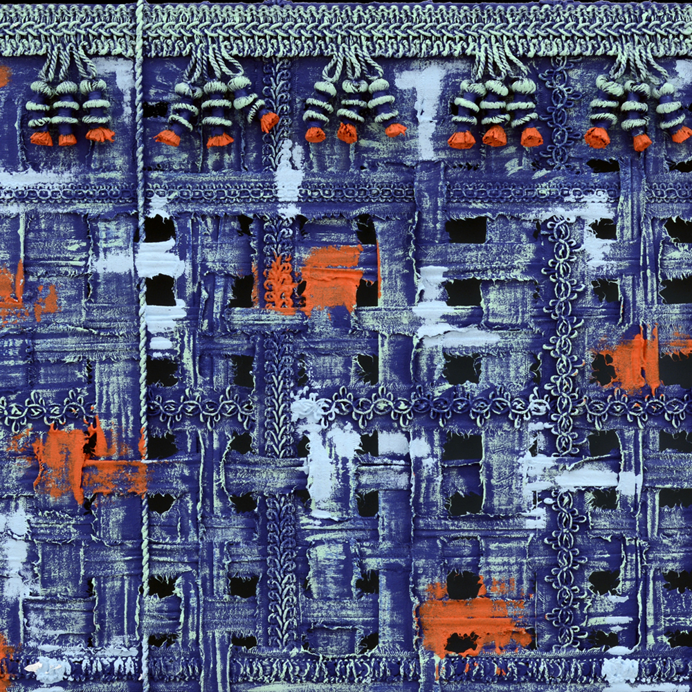 Textile abstract hand-woven with fabric and finished elements on frame construction with a painted backing. The canvas is distorted and painted. 