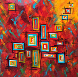 Acrylic painting on hand stretched canvas finished with a super high gloss.  This painting is from Sharon Spillar's K-Pax Series.   Very fun and vibrant. 