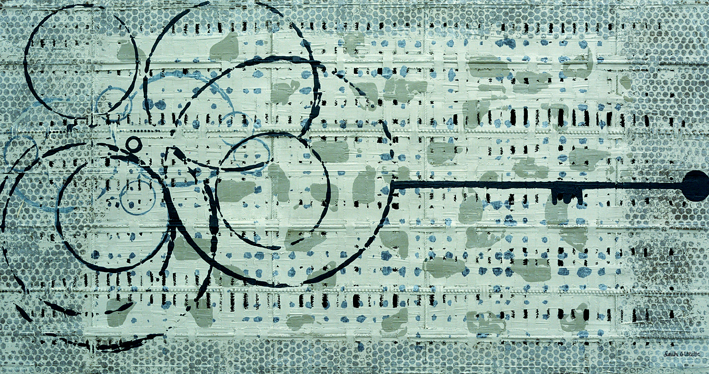 Textile abstract hand-woven with fabric, braided cable, natural, and synthetic elements on frame construction with a painted backing. The canvas is distorted, painted and imprinted.