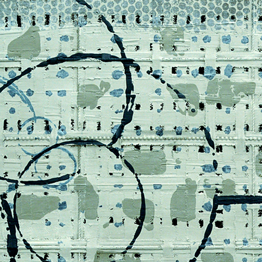 Textile abstract hand-woven with fabric, braided cable, natural, and synthetic elements on frame construction with a painted backing. The canvas is distorted, painted and imprinted.