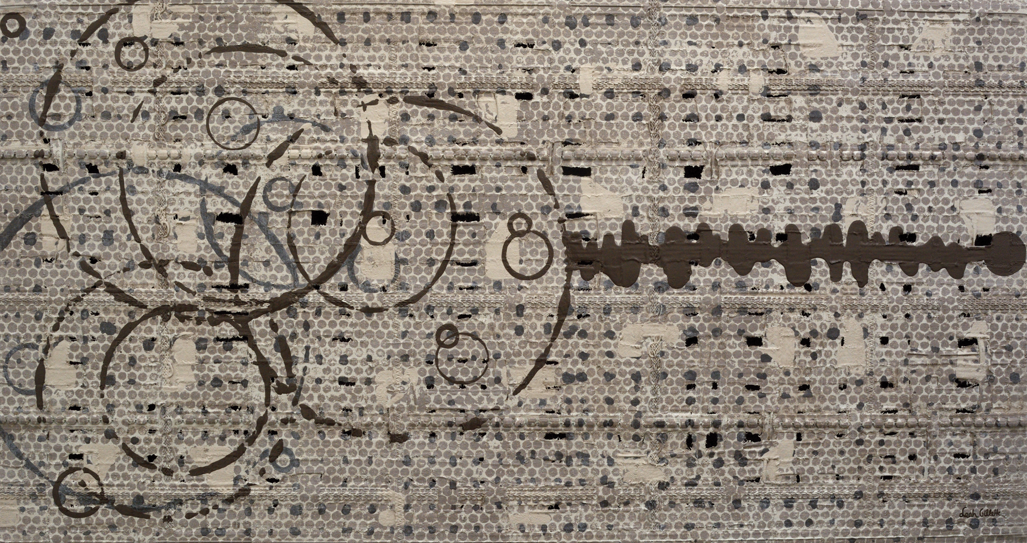 Textile abstract hand-woven with fabric, braided cable, natural, and synthetic elements on frame construction with a painted backing. The canvas is distorted, painted and imprinted.