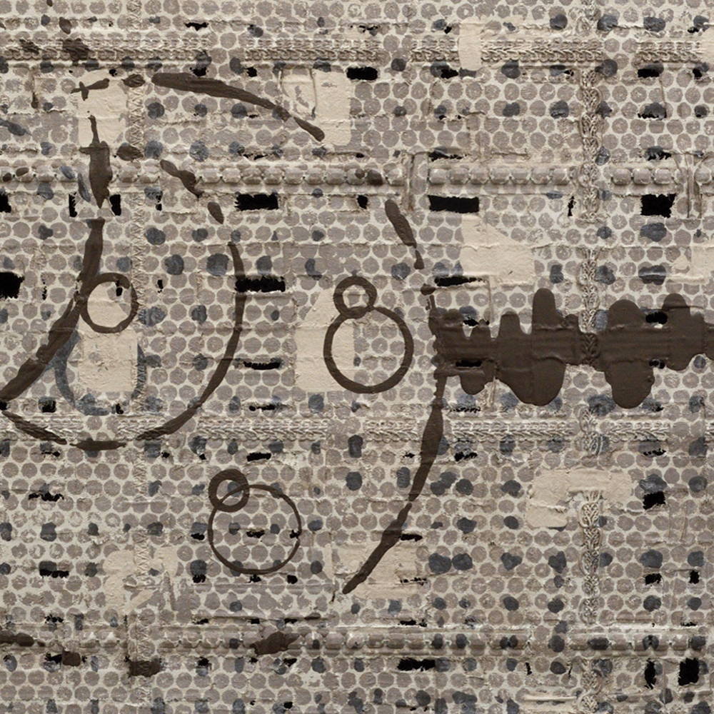 Textile abstract hand-woven with fabric, braided cable, natural, and synthetic elements on frame construction with a painted backing. The canvas is distorted, painted and imprinted.