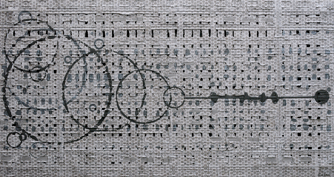 Textile abstract hand-woven with fabric, braided cable, natural, and synthetic elements on frame construction with a painted backing. The canvas is distorted, painted and imprinted.