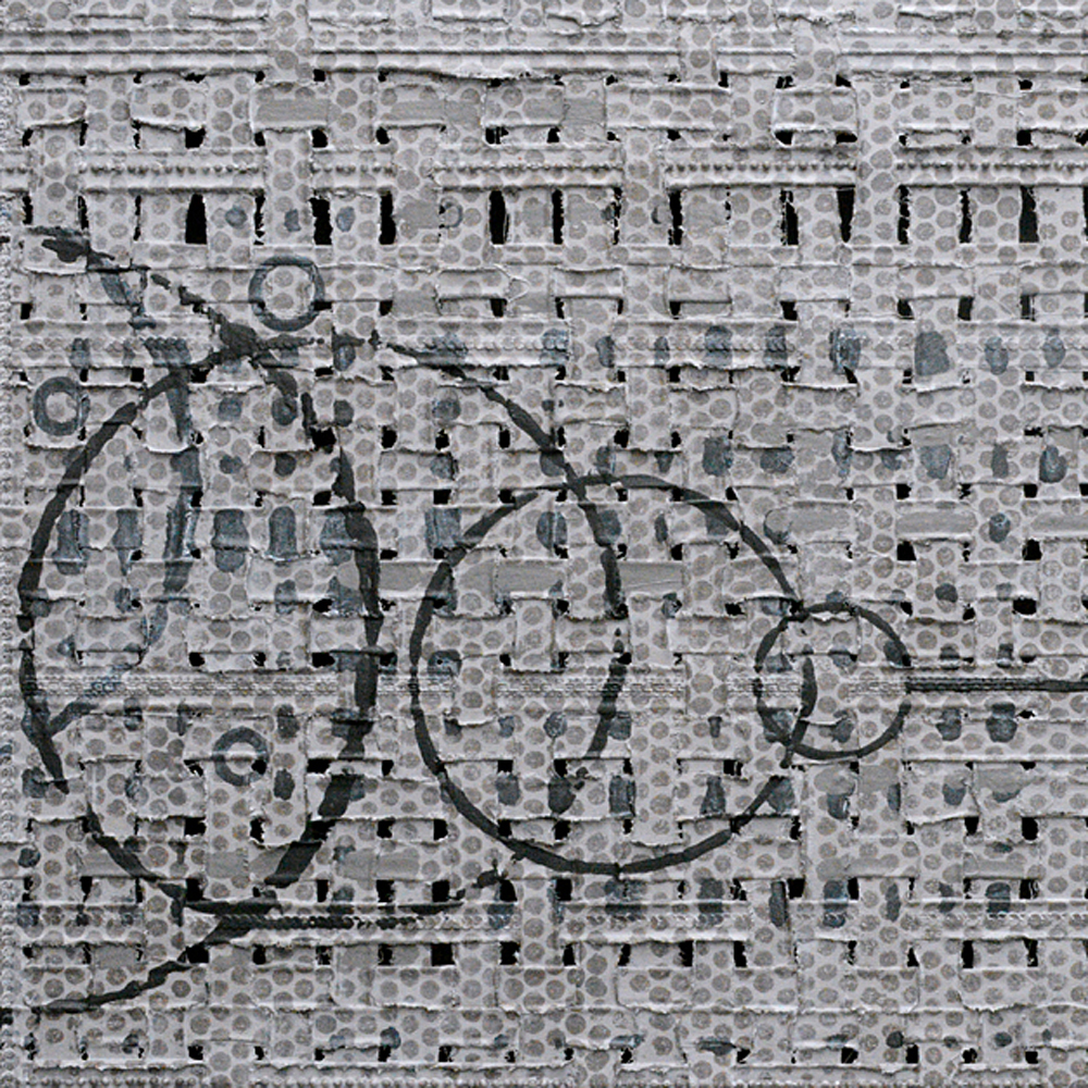 Textile abstract hand-woven with fabric, braided cable, natural, and synthetic elements on frame construction with a painted backing. The canvas is distorted, painted and imprinted.