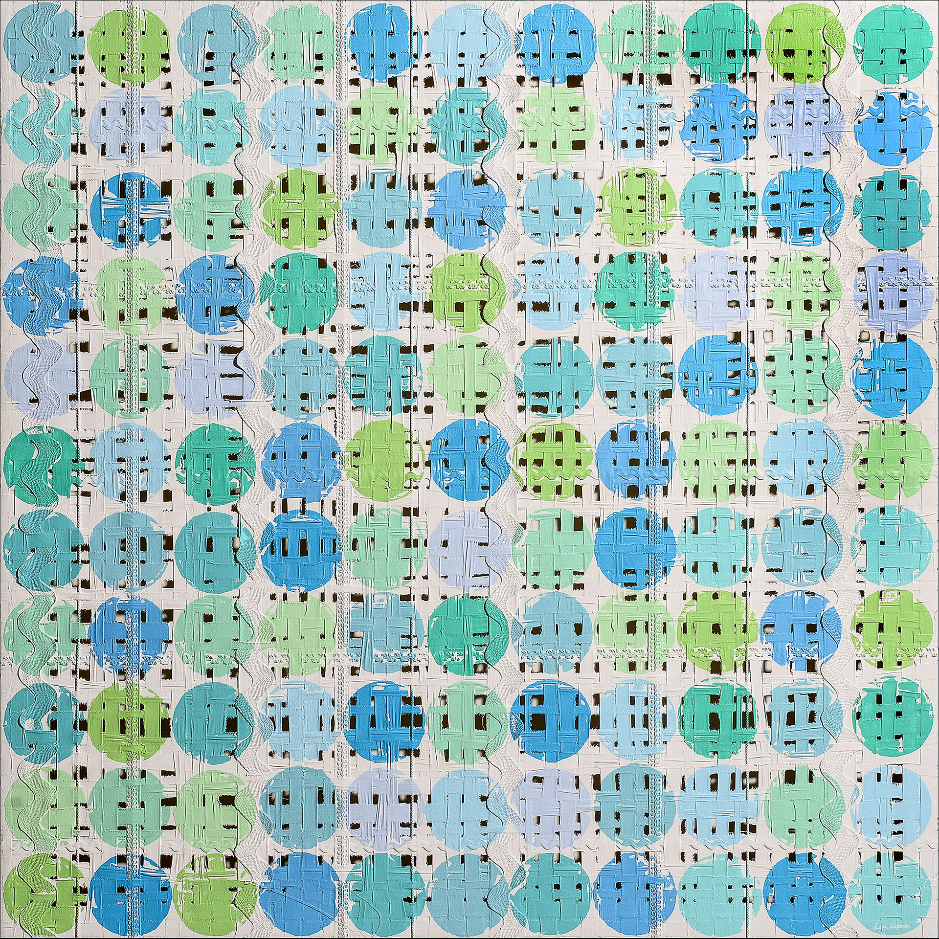 Textile abstract hand-woven with fabric, natural, and finished elements on frame construction with a painted backing. The canvas is distorted, painted and imprinted.