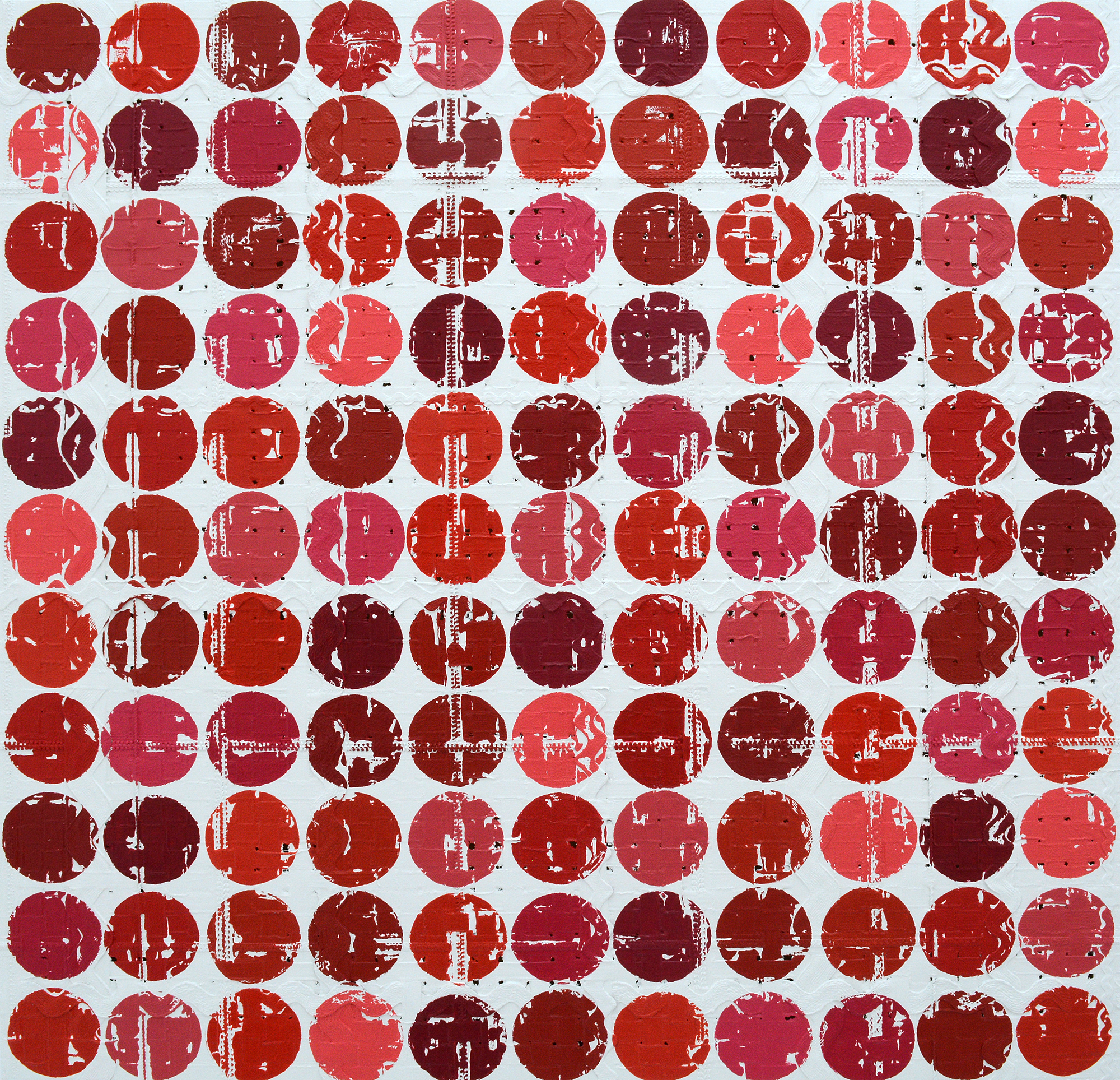 Textile abstract hand-woven with fabric, natural, and finished elements on frame construction with a painted backing. The canvas is distorted, painted and imprinted.
