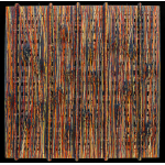 Textile abstract hand-woven with fabric and natural elements including Indian paintbrush, sisal, curly willow, and reeds on frame construction with a painted backing. The canvas is distorted and painted.   