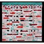 Textile abstract hand-woven with fabric and finished elements on frame construction with a painted backing. The canvas is distorted and painted. 