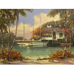 Tropical art, island art, stilt house, beach bungalow, figlinski