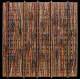 Textile abstract hand-woven with fabric and natural elements including Indian paintbrush, sisal, curly willow, and reeds on frame construction with a painted backing. The canvas is distorted and painted.   