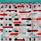 Textile abstract hand-woven with fabric and finished elements on frame construction with a painted backing. The canvas is distorted and painted. 