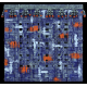 Textile abstract hand-woven with fabric and finished elements on frame construction with a painted backing. The canvas is distorted and painted. 