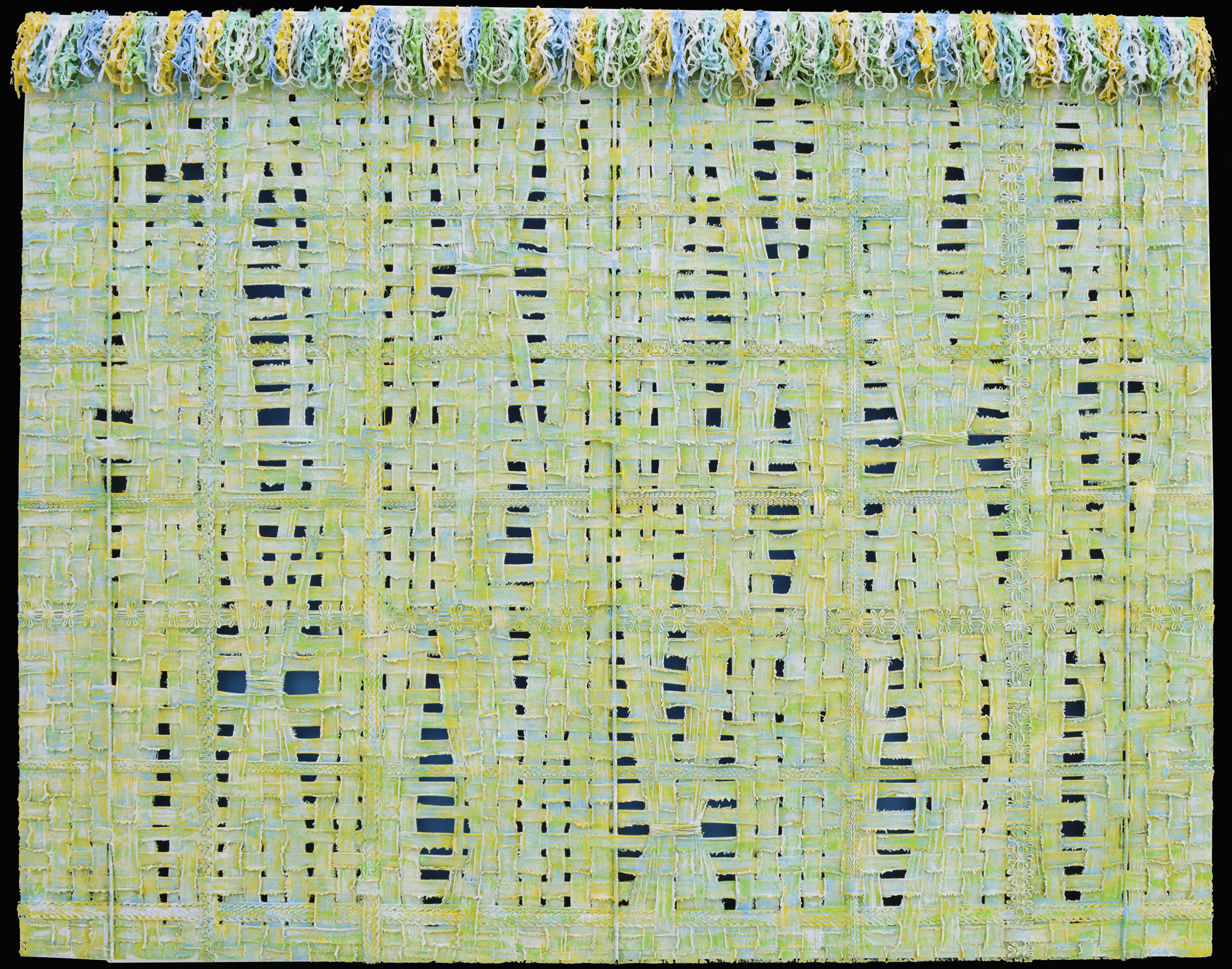 Textile abstract hand-woven with fabric, synthetic, and finished elements on frame construction with a painted backing. The canvas is distorted and painted. 